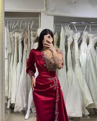 Elegant Long Mermaid Satin Burgundy Prom Dress with Sleeves-27Dress