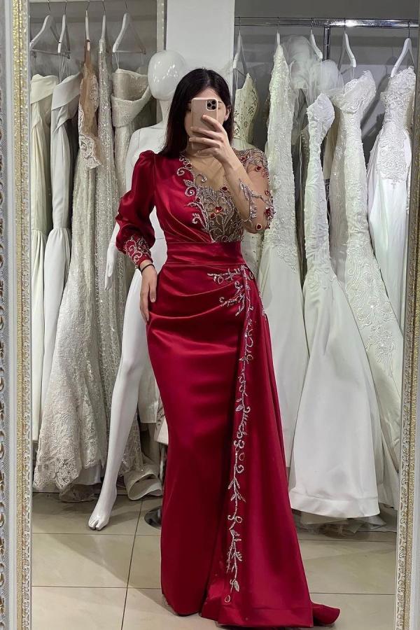 Elegant Long Mermaid Satin Burgundy Prom Dress with Sleeves-27Dress