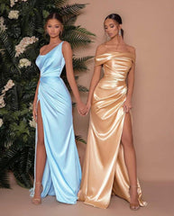 Elegant Long One Shoulder Satin Mermaid Prom Dress with Slit-27Dress