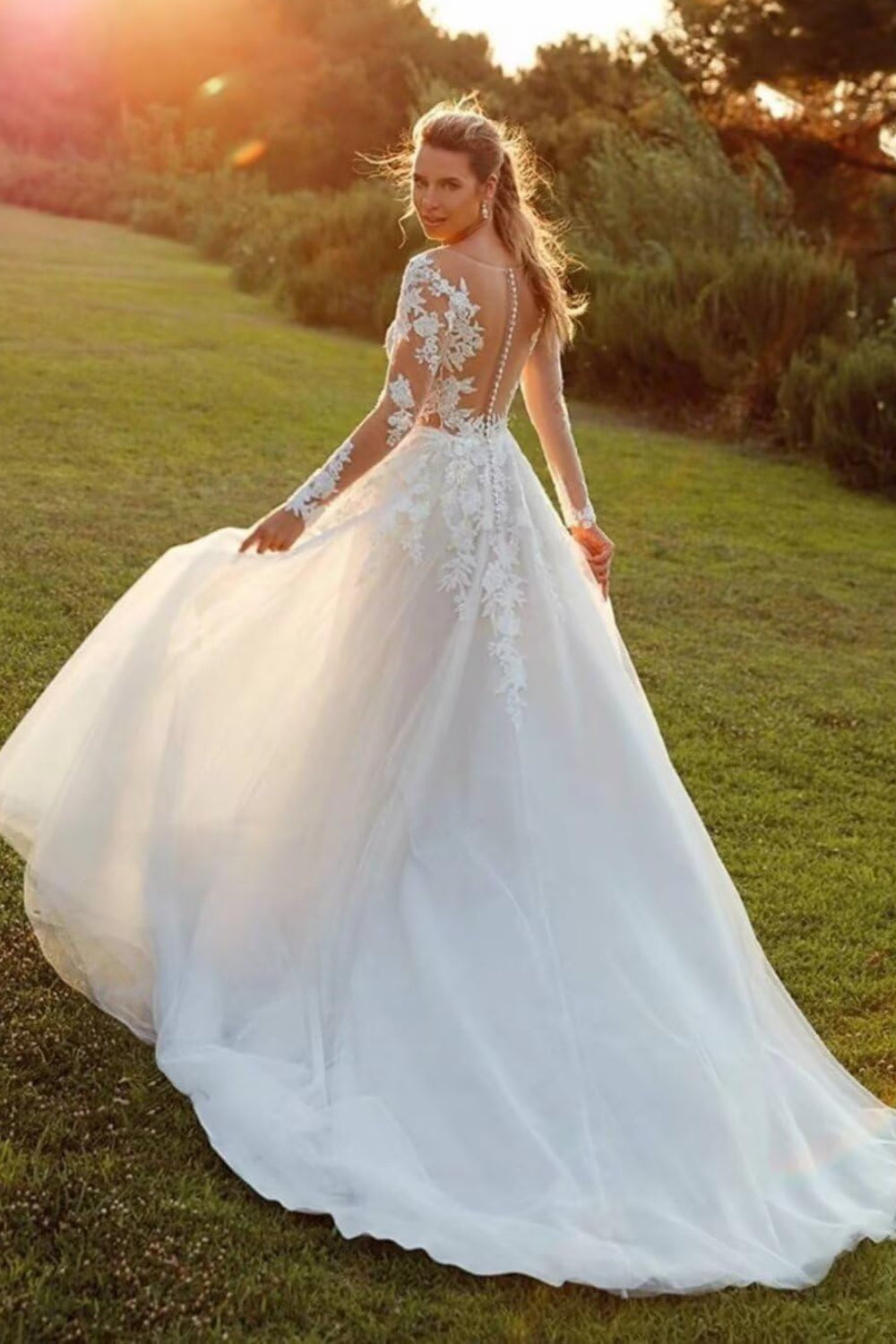 Elegant Long Sleeves A-line Wedding Dress with Lace Applique From 27dress