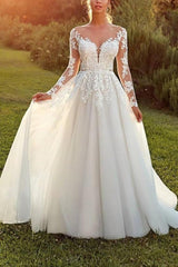 Elegant Long Sleeves A-line Wedding Dress with Lace Applique From 27dress