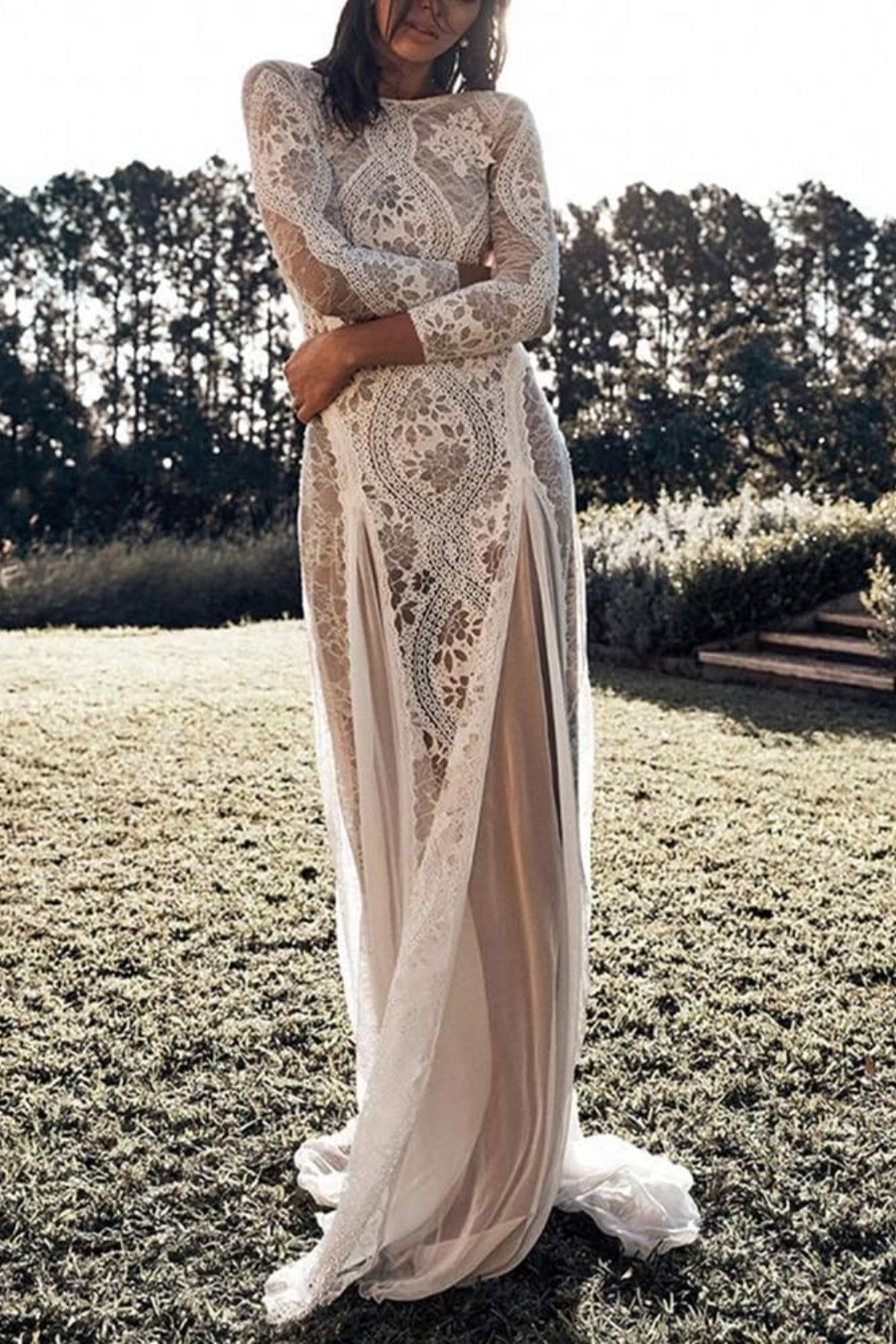 Elegant Long Sleeves Crew Neck Lace Wedding Dress From 27dress