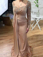 Elegant Long Sleeves Dusty Rose Bead Embroidery Mermaid Prom Dress