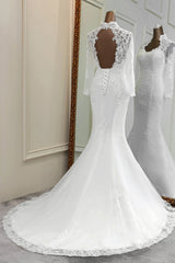 Elegant Long Sleeves Lace Mermaid Wedding Dresses Appliques White Bridal Gowns with Beadings-27dress