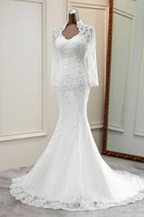 Elegant Long Sleeves Lace Mermaid Wedding Dresses Appliques White Bridal Gowns with Beadings-27dress