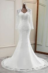 Elegant Long Sleeves Lace Mermaid Wedding Dresses Appliques White Bridal Gowns with Beadings-27dress