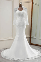 Elegant Long Sleeves Lace Mermaid Wedding Dresses Appliques White Bridal Gowns with Beadings-27dress