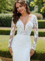 Elegant Long Sleeves Mermaid V-neck Lace Tulle Wedding Dresses-27dress