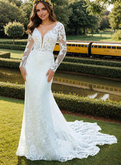 Elegant Long Sleeves Mermaid V-neck Lace Tulle Wedding Dresses-27dress