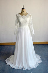 Elegant Longsleeves Appliques Lace Wedding Dress White Chiffon A-line Bridal Gowns On Sale-27dress