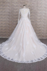 Elegant Longsleeves Jewel Lace Wedding Dresses Jewel Tulle Champagne Bridal Gowns On Sale-27dress