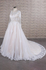 Elegant Longsleeves Jewel Lace Wedding Dresses Jewel Tulle Champagne Bridal Gowns On Sale-27dress