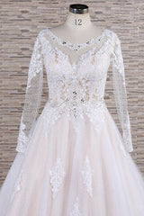 Elegant Longsleeves Jewel Lace Wedding Dresses Jewel Tulle Champagne Bridal Gowns On Sale-27dress