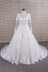 Elegant Longsleeves Jewel Lace Wedding Dresses Jewel Tulle Champagne Bridal Gowns On Sale-27dress
