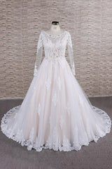 Elegant Longsleeves Jewel Lace Wedding Dresses Jewel Tulle Champagne Bridal Gowns On Sale-27dress