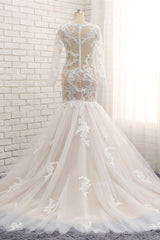 Elegant Longsleeves Jewel Mermaid Wedding Dresses Champagne Tulle Bridal Gowns With Appliques On Sale-27dress
