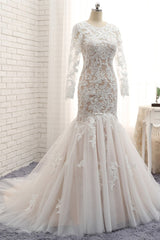 Elegant Longsleeves Jewel Mermaid Wedding Dresses Champagne Tulle Bridal Gowns With Appliques On Sale-27dress