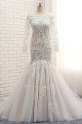 Elegant Longsleeves Jewel Mermaid Wedding Dresses Champagne Tulle Bridal Gowns With Appliques On Sale-27dress