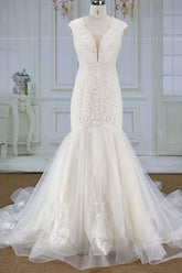 Elegant Mermaid Appliques Straps Wedding Dresses Sleeveless Champagne Tulle Bridal Gowns On Sale-27dress