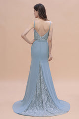 Elegant Mermaid Chiffon Lace Dusty Blue Bridesmaid Dress with Spaghetti Straps On Sale-27dress