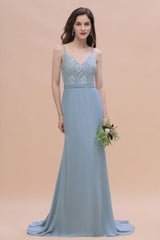 Elegant Mermaid Chiffon Lace Dusty Blue Bridesmaid Dress with Spaghetti Straps On Sale-27dress