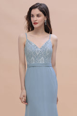 Elegant Mermaid Chiffon Lace Dusty Blue Bridesmaid Dress with Spaghetti Straps On Sale-27dress