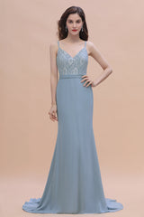 Elegant Mermaid Chiffon Lace Dusty Blue Bridesmaid Dress with Spaghetti Straps On Sale-27dress