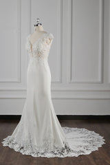 Elegant Mermaid Chiffon Lace Wedding Dress V-neck Appliques Bridal Gowns On Sale-27dress