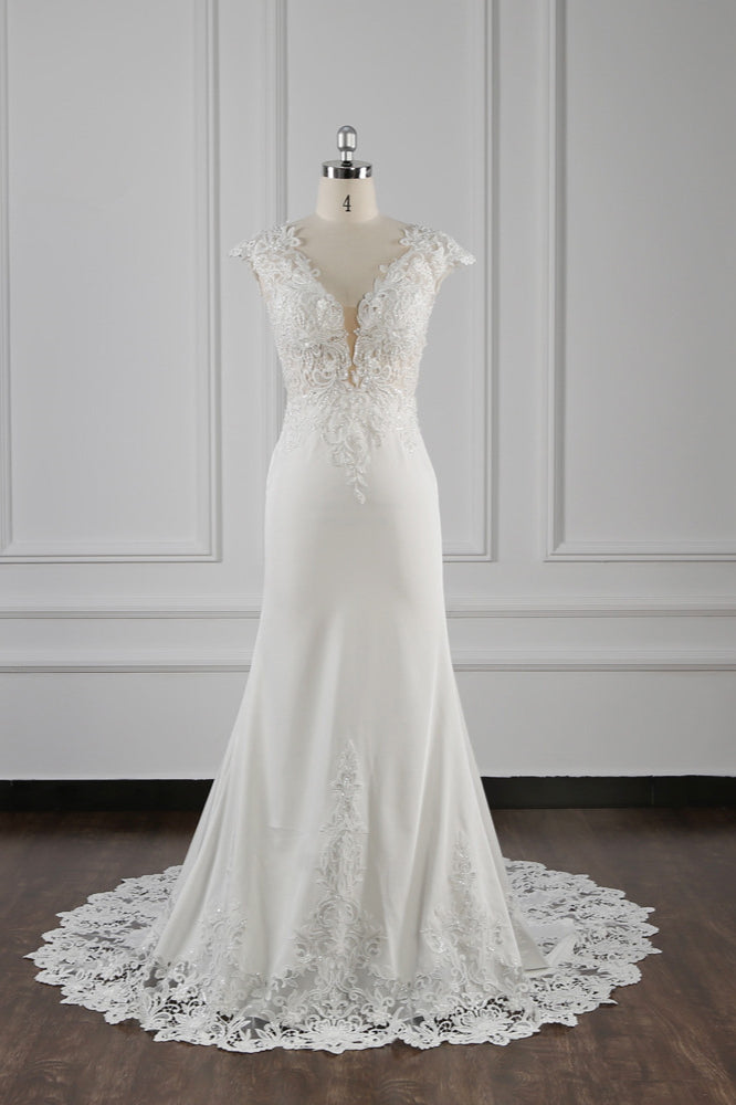 Elegant Mermaid Chiffon Lace Wedding Dress V-neck Appliques Bridal Gowns On Sale-27dress