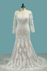 Elegant Mermaid Jewel Tulle Lace Wedding Dress Long Sleeves Appliques Sequined Bridal Gowns Online-27dress
