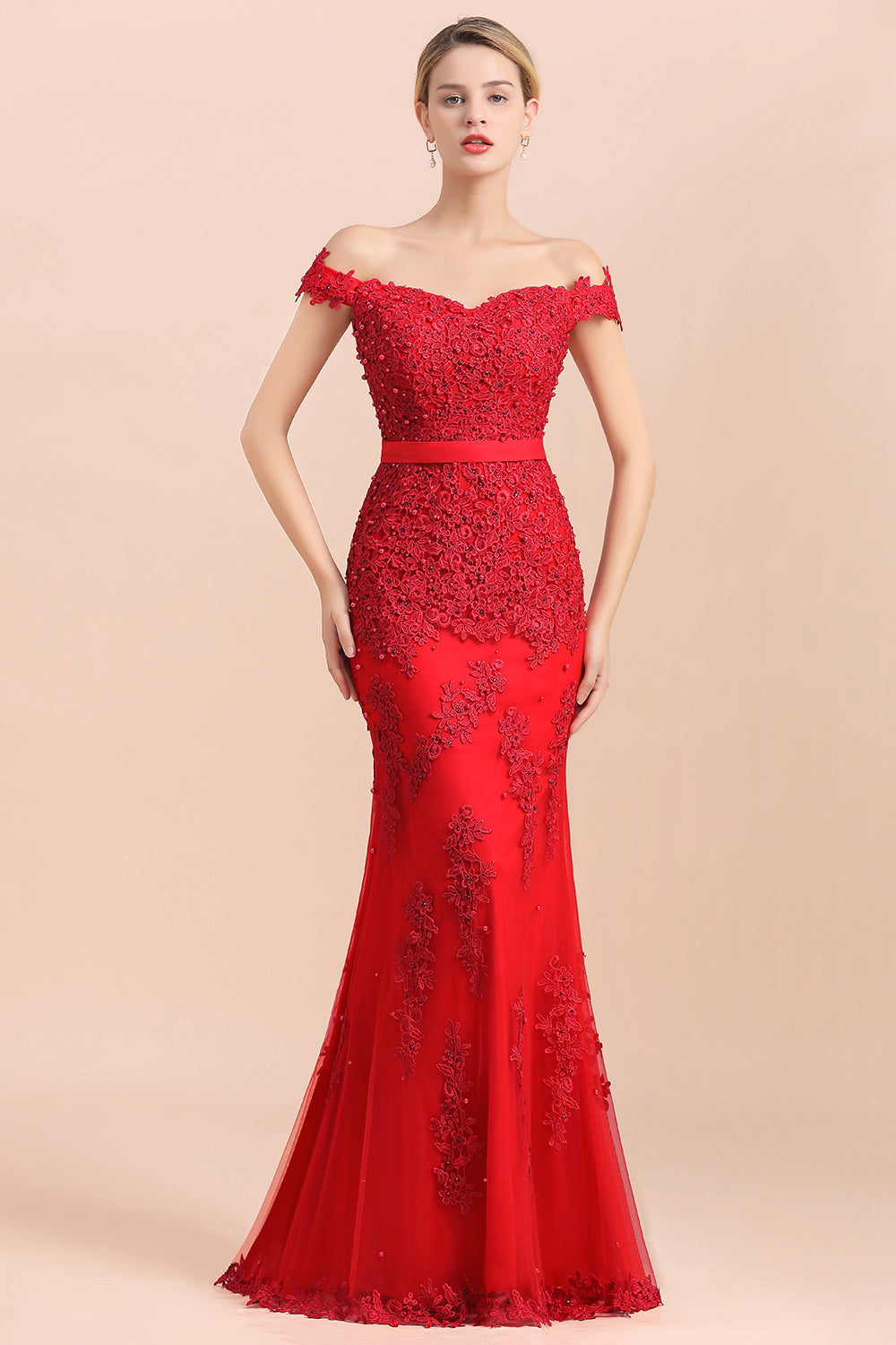 Elegant Mermaid Off the Shoulder Red Lace Appliques Bridesmaid dresses-27dress