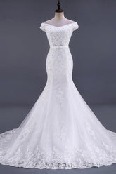 Elegant Mermaid Off-the-Shoulder White Wedding Dress Sweetheart Sleeveless Lace Appliques Bridal Gowns with Rhinestones-27dress