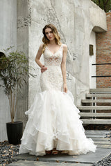 Elegant Mermaid Tulle Lace White Wedding Dresses with Appliques-27dress