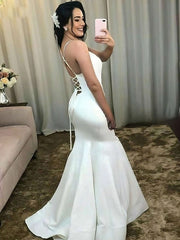 Elegant Mermaid V-neck Satin Sweep Train Wedding Dress-27dress