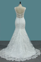 Elegant Mermaid V-neck Tulle Wedding Dress White Lace Appliques Beadings Bridal Gowns Online-27dress