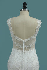 Elegant Mermaid V-neck Tulle Wedding Dress White Lace Appliques Beadings Bridal Gowns Online-27dress