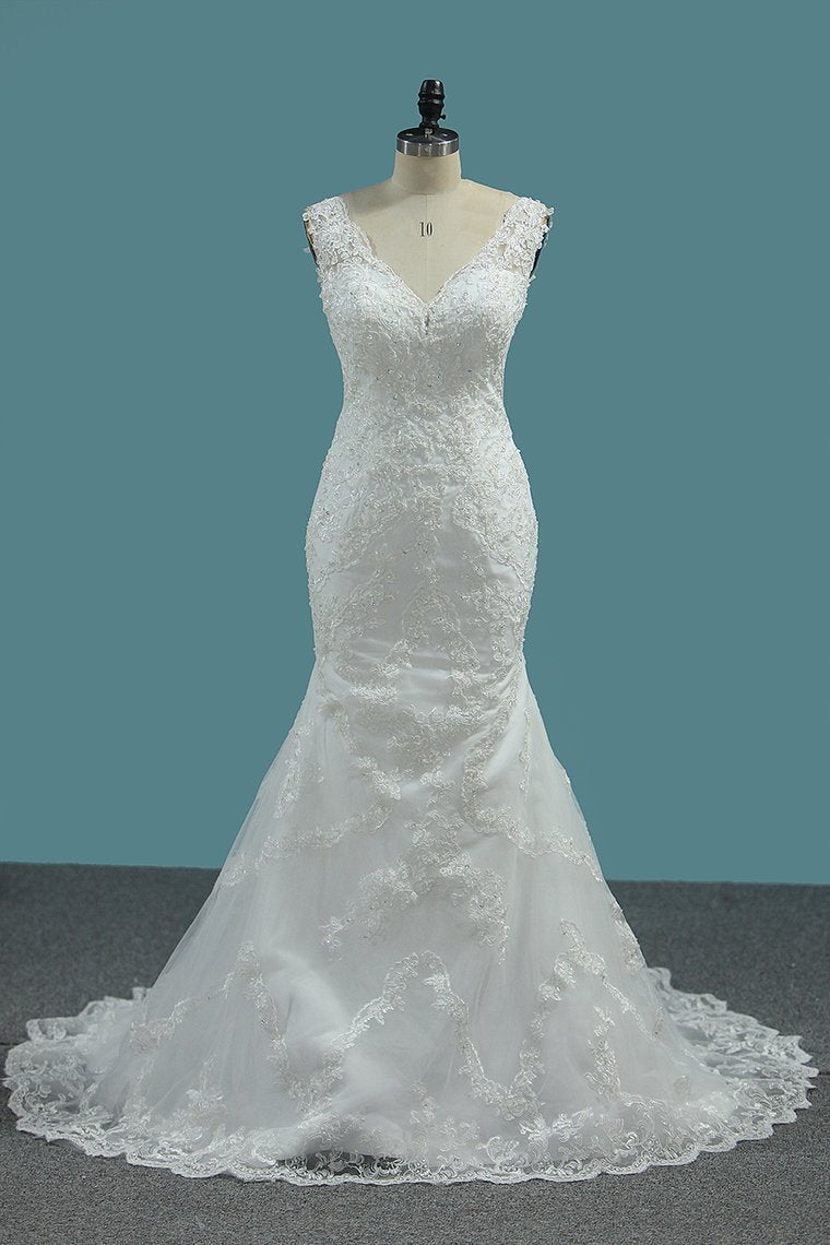 Elegant Mermaid V-neck Tulle Wedding Dress White Lace Appliques Beadings Bridal Gowns Online-27dress