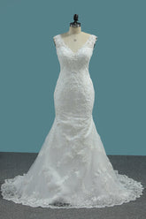 Elegant Mermaid V-neck Tulle Wedding Dress White Lace Appliques Beadings Bridal Gowns Online-27dress