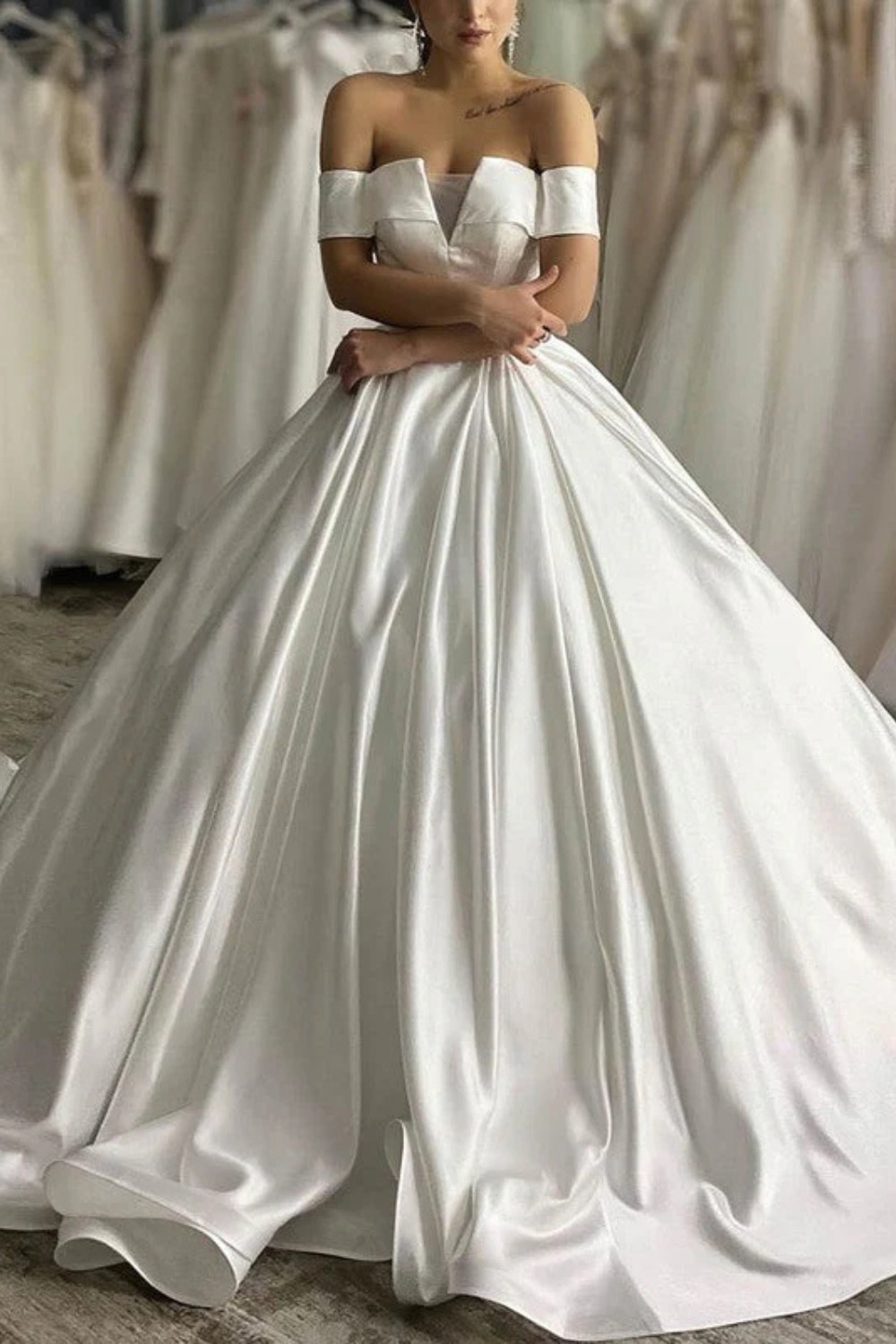 Elegant Off-the-Shoulder Ball Gown Satin Court Train Wedding Dress-27dress