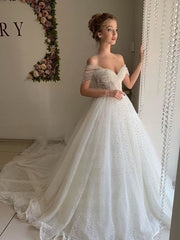 Elegant Off-the-shoulder Ball Gown Wedding Dress with Pearls