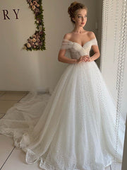 Elegant Off-the-shoulder Ball Gown Wedding Dress with Pearls
