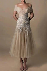 Elegant Off-the-shoulder Knee-length Prom Dress with Lace Applique-27dress