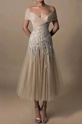 Elegant Off-the-shoulder Knee-length Prom Dress with Lace Applique-27dress
