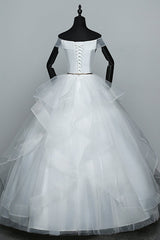 Elegant Off-the-Shoulder Organza Wedding Dress Sleeveless Ruffles Bridal Gowns with Beading Sash-27dress