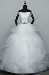 Elegant Off-the-Shoulder Organza Wedding Dress Sleeveless Ruffles Bridal Gowns with Beading Sash-27dress