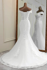 Elegant Off-the-Shoulder Sleeveless White Mermaid Wedding Dresses with Beadings-27dress