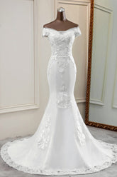 Elegant Off-the-Shoulder Sleeveless White Mermaid Wedding Dresses with Beadings-27dress