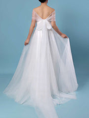 Elegant Off-the-shoulder Tulle Ball Gown Wedding Dress with Ruffles and Sweep Train