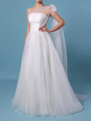 Elegant Off-the-shoulder Tulle Ball Gown Wedding Dress with Ruffles and Sweep Train