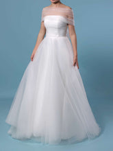Elegant Off-the-shoulder Tulle Ball Gown Wedding Dress with Ruffles and Sweep Train